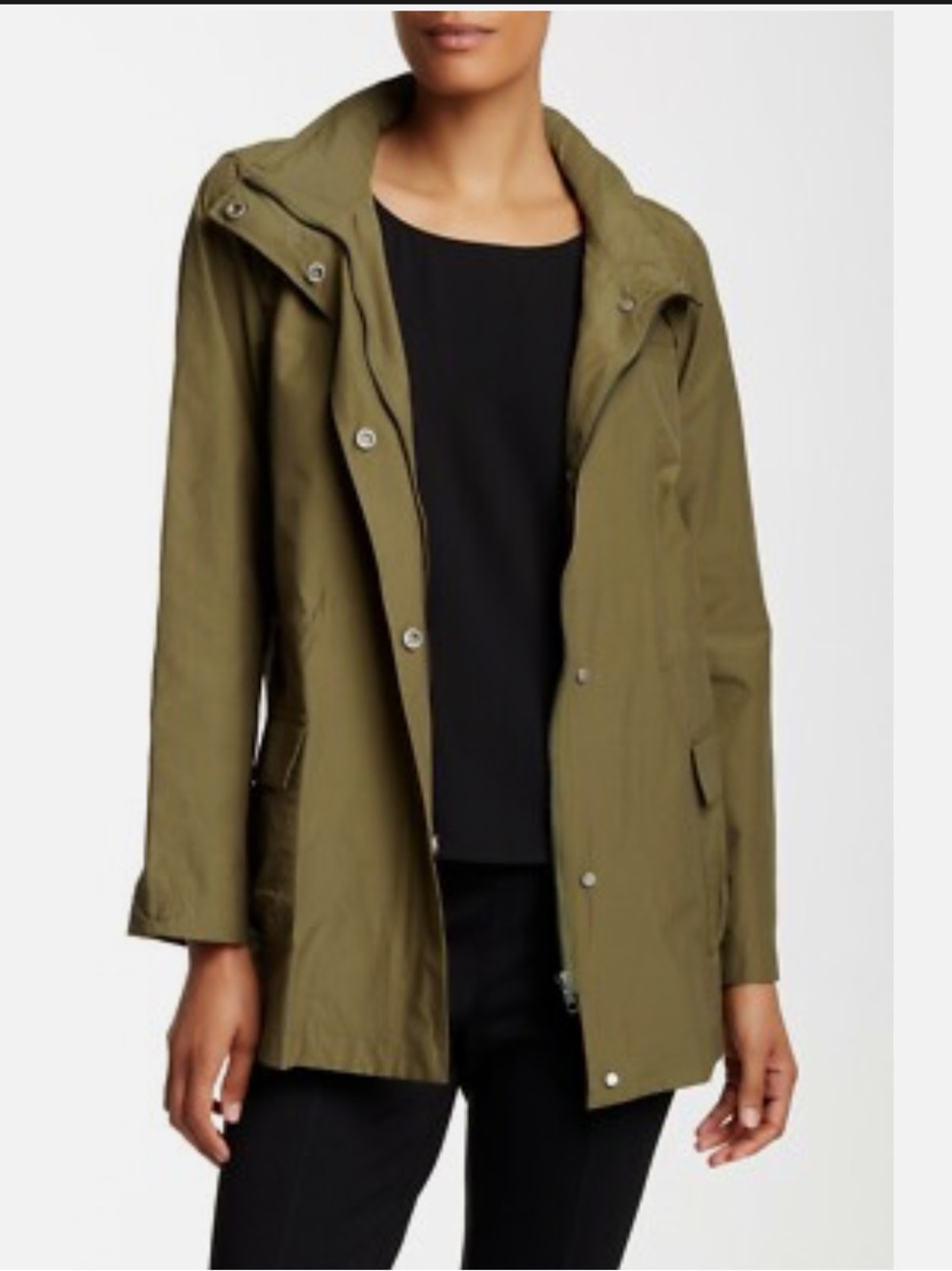 Eileen Fisher lightweight jacket. Stowaway hood. Patch pockets.